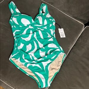 Green and White womens One Piece Swimsuit